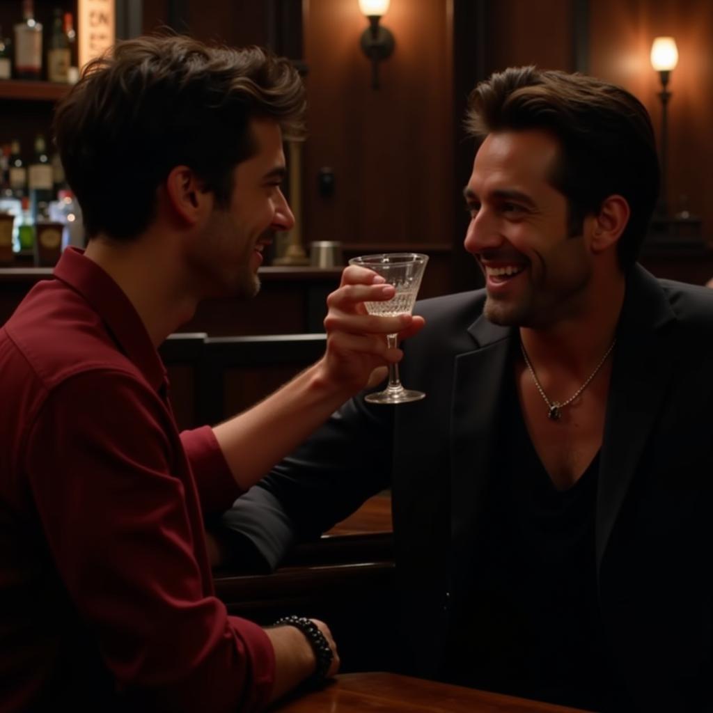 Depiction of a drink sex movie scene in a romantic comedy, showing two characters sharing a drink and engaging in flirtatious conversation.