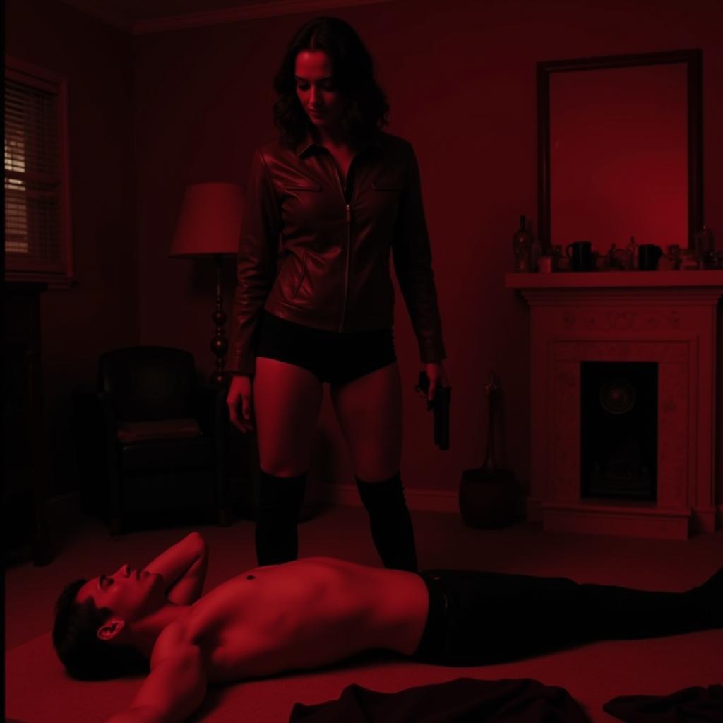 A scene from an English action sex movie depicting a revenge scenario