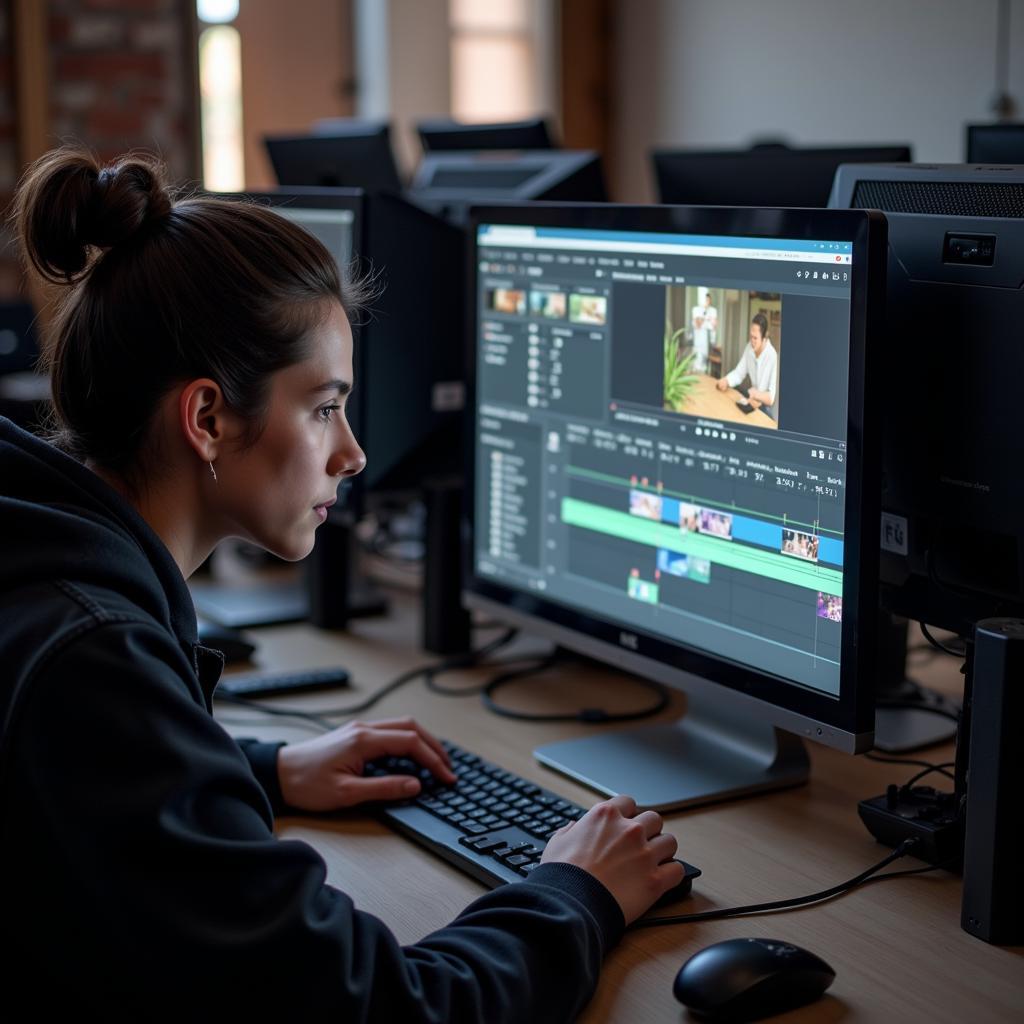 Film Editing Class: Student Working on Computer