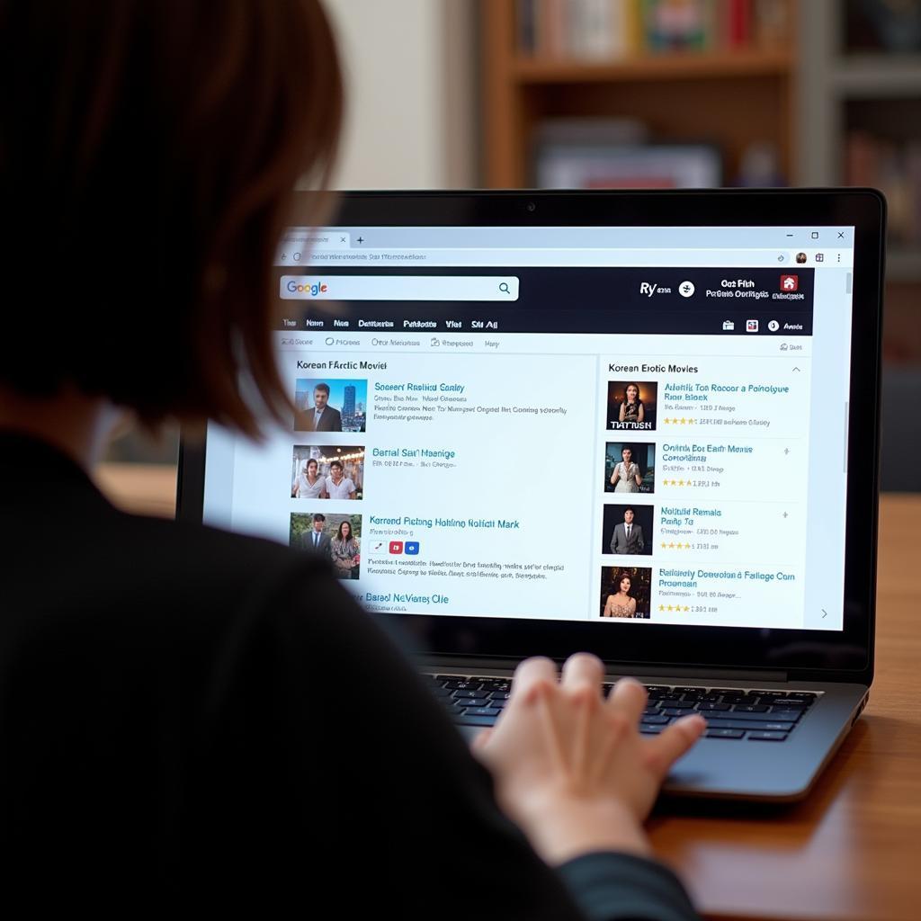 A person searching for Korean erotic movies on a laptop.