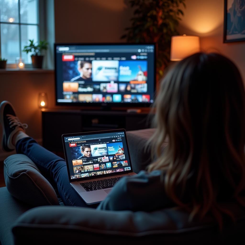 The Allure of Free Streaming: A depiction of a person enjoying a movie on their laptop via a free streaming website, with a focus on convenience and accessibility.