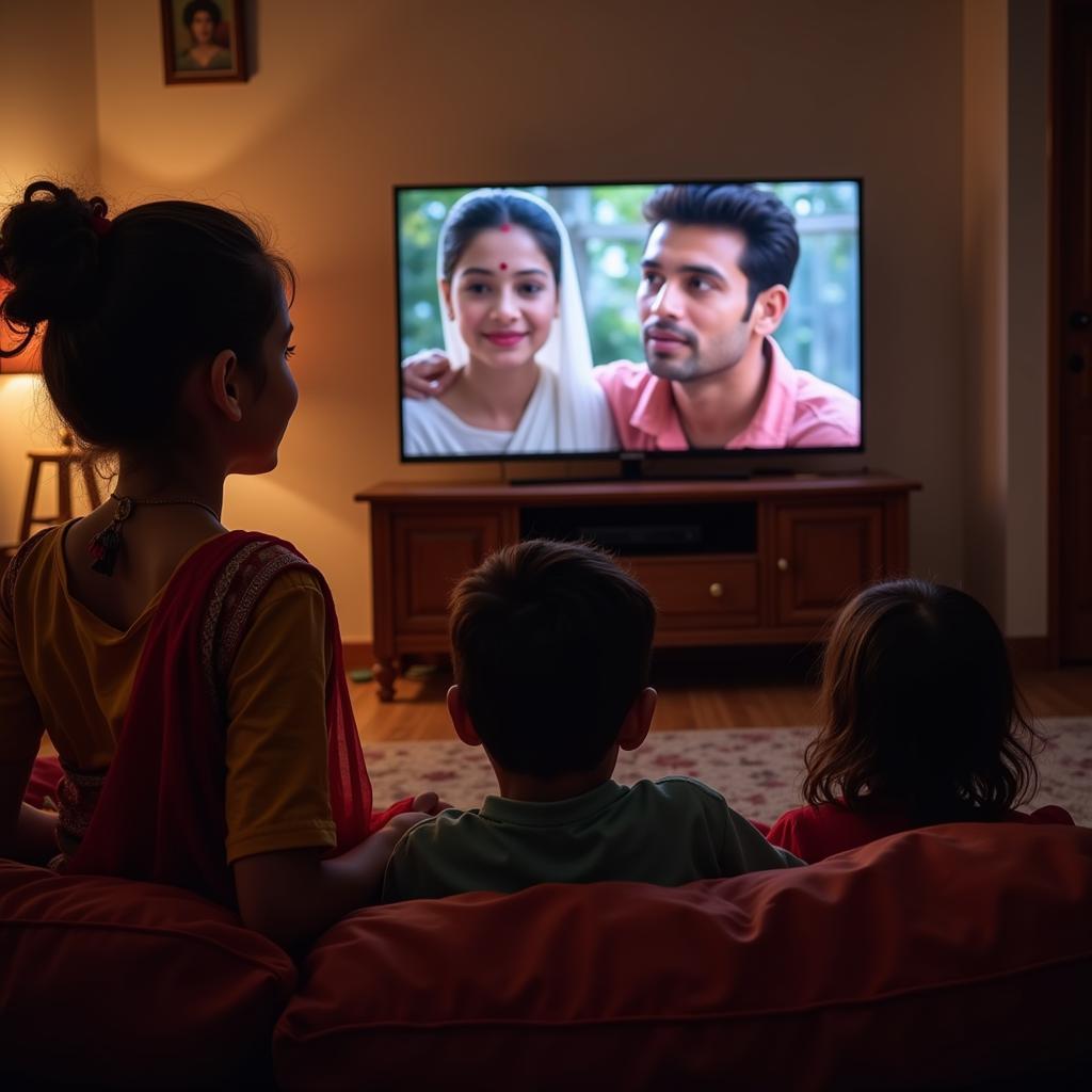 A family gathered together, enjoying a Hindi movie on their television.