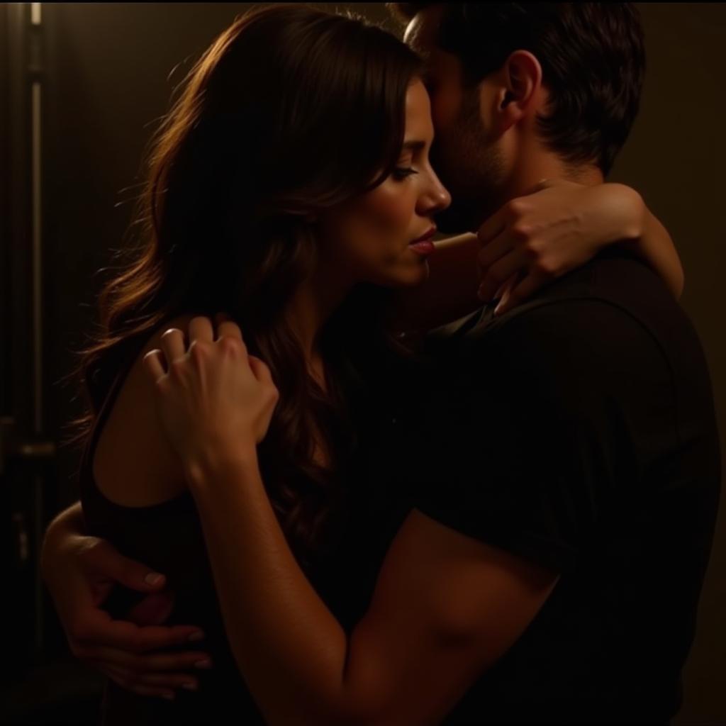 A couple embracing passionately in a dimly lit room, showcasing the intimacy and emotional connection often portrayed in romantic porn movies.