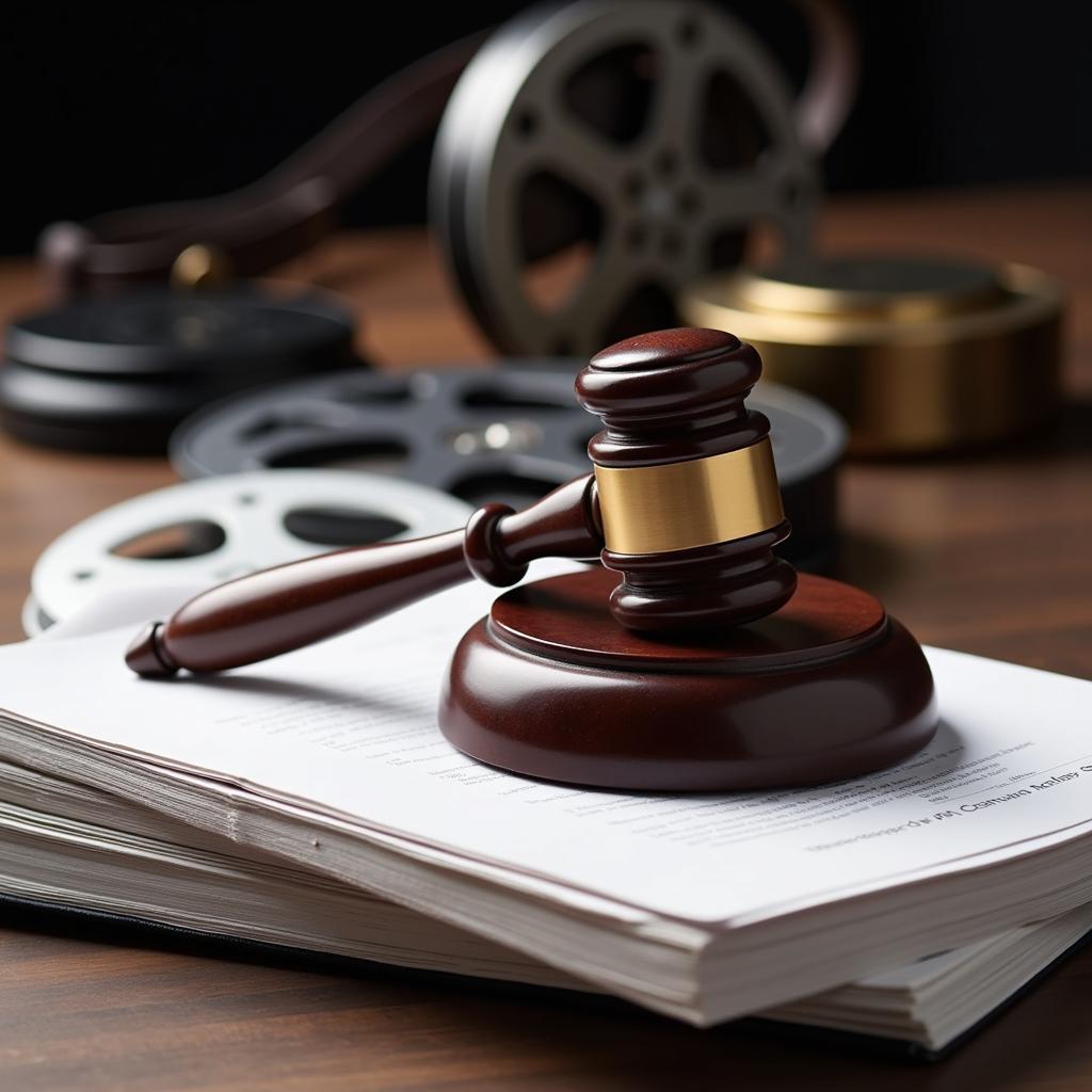 A gavel rests on a stack of legal documents, with a film reel in the background.