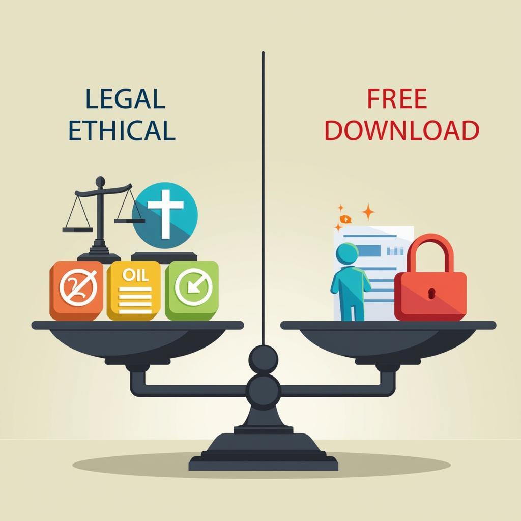 A symbolic representation of a balanced scale, with one side representing legal and ethical considerations and the other side representing the allure of free downloads.