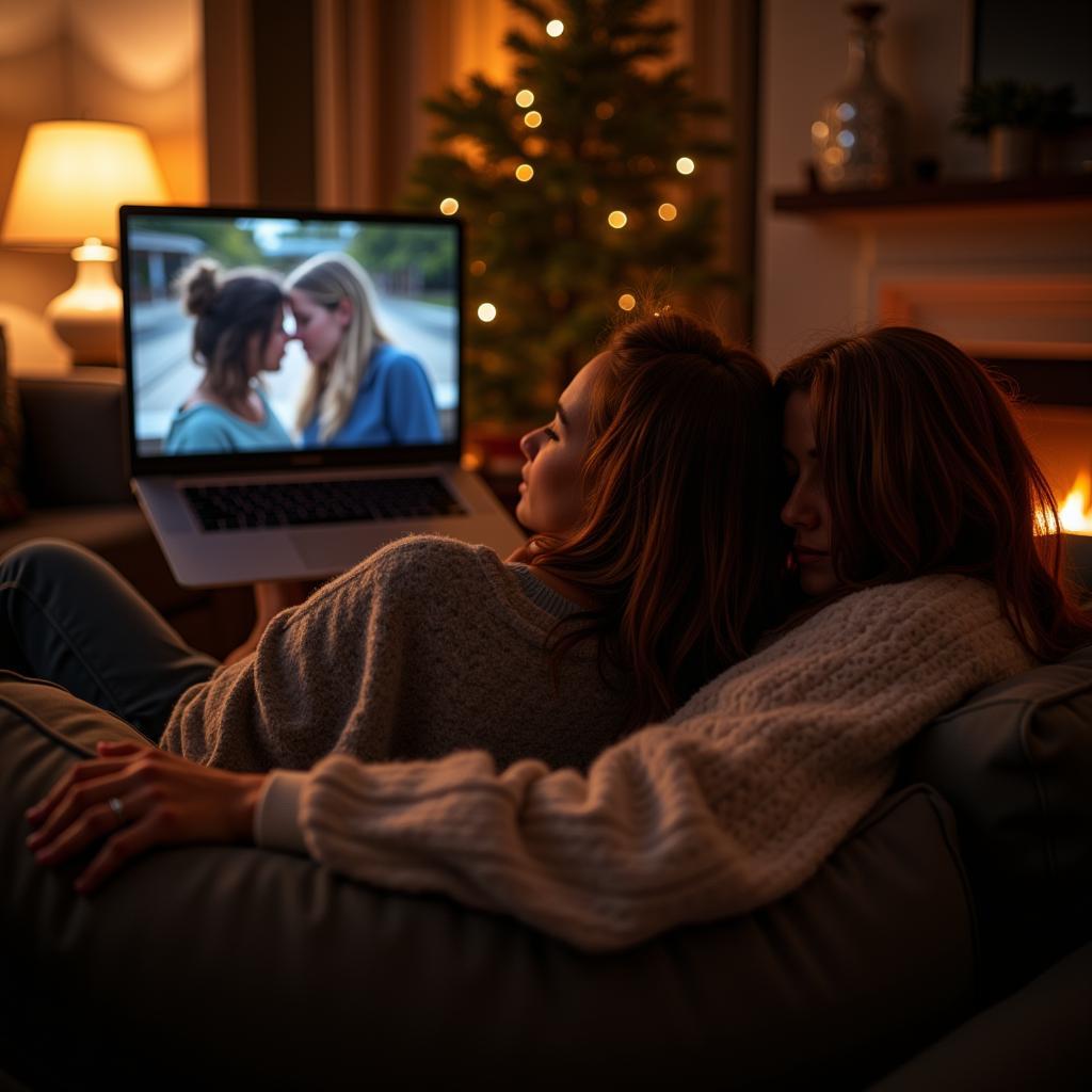 Couple watching a lesbian romance movie online free in HD