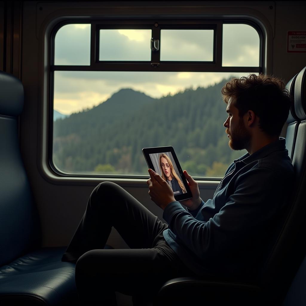 A person watching a downloaded hdtv movie on a tablet while traveling