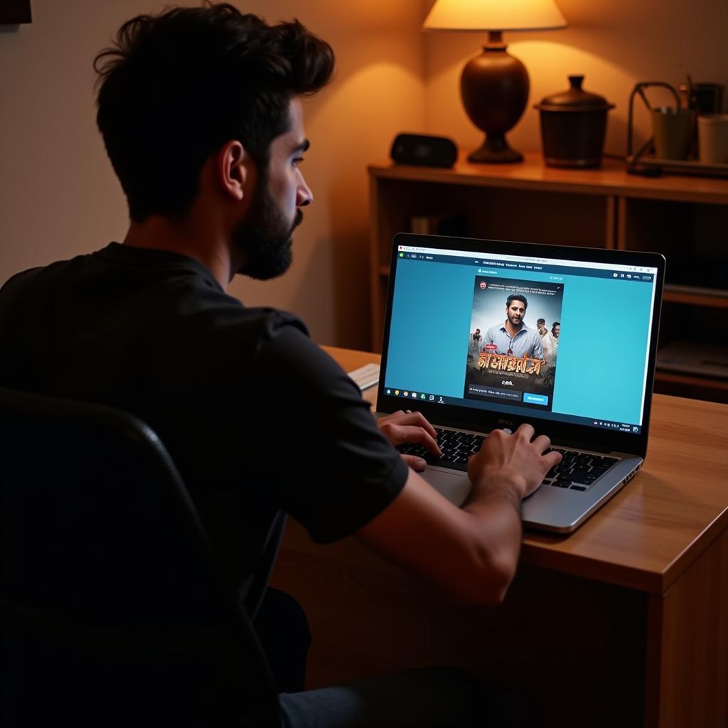 Person Downloading Punjabi Movie on Laptop