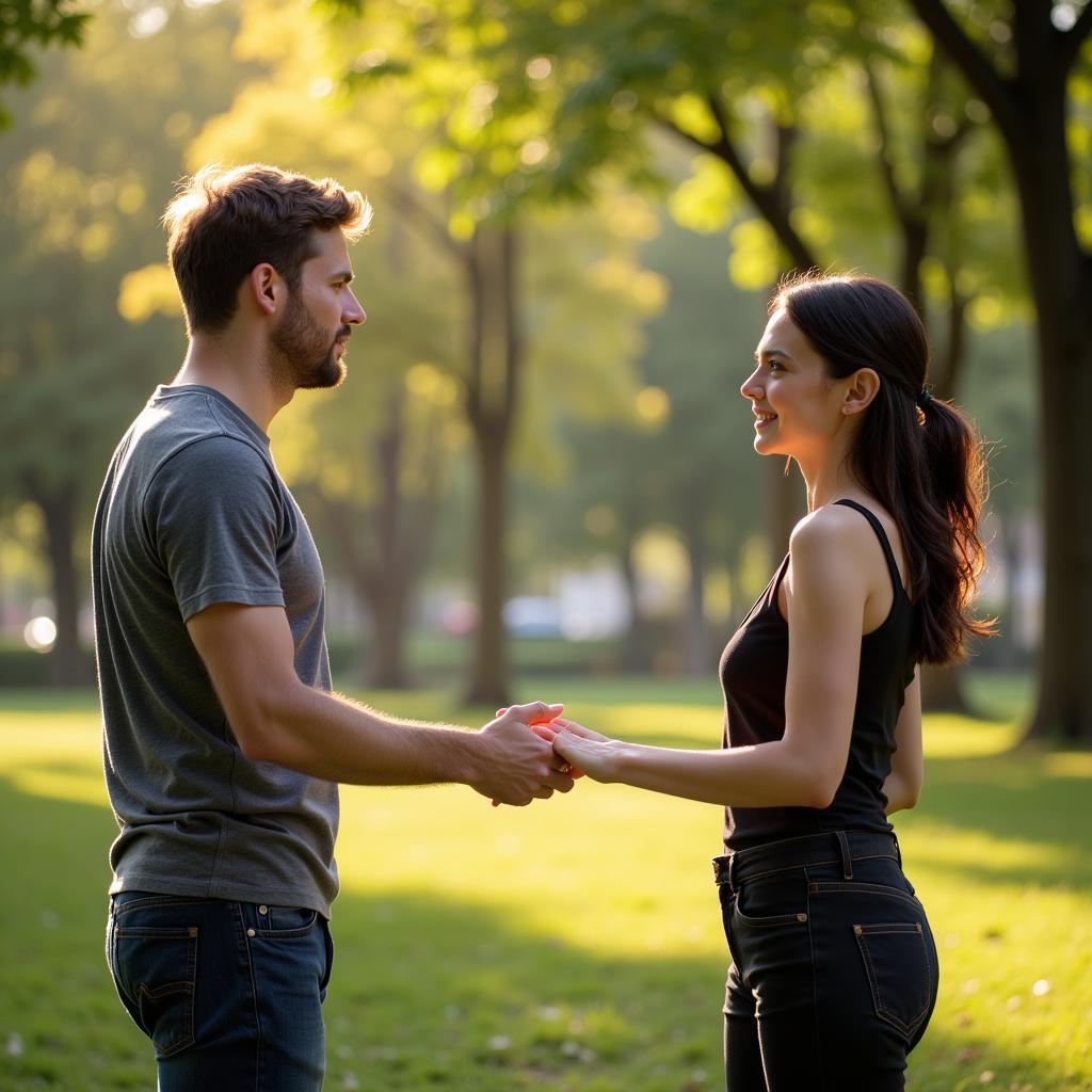 A couple meeting for the first time in a romantic movie scene