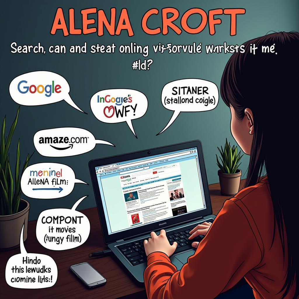 A person searching for Alena Croft movies on a laptop, highlighting the various online platforms and search methods available.