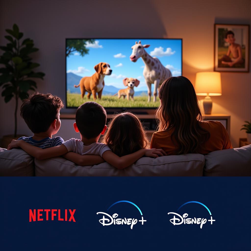 A family gathered around a television, enjoying an animal movie together, with logos of popular streaming services displayed subtly in the background.