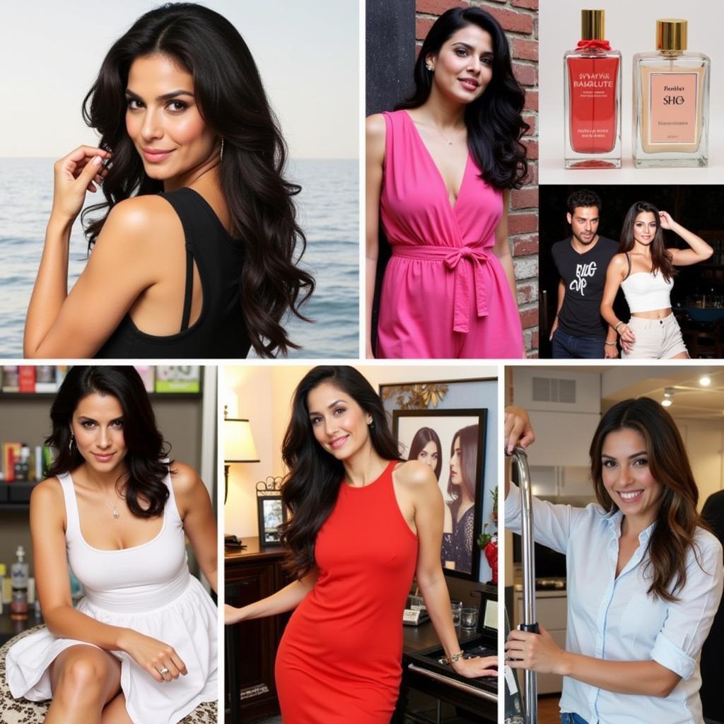 Photos of Sunny Leone's various business ventures, including her perfume line, clothing brand, and cosmetic products.