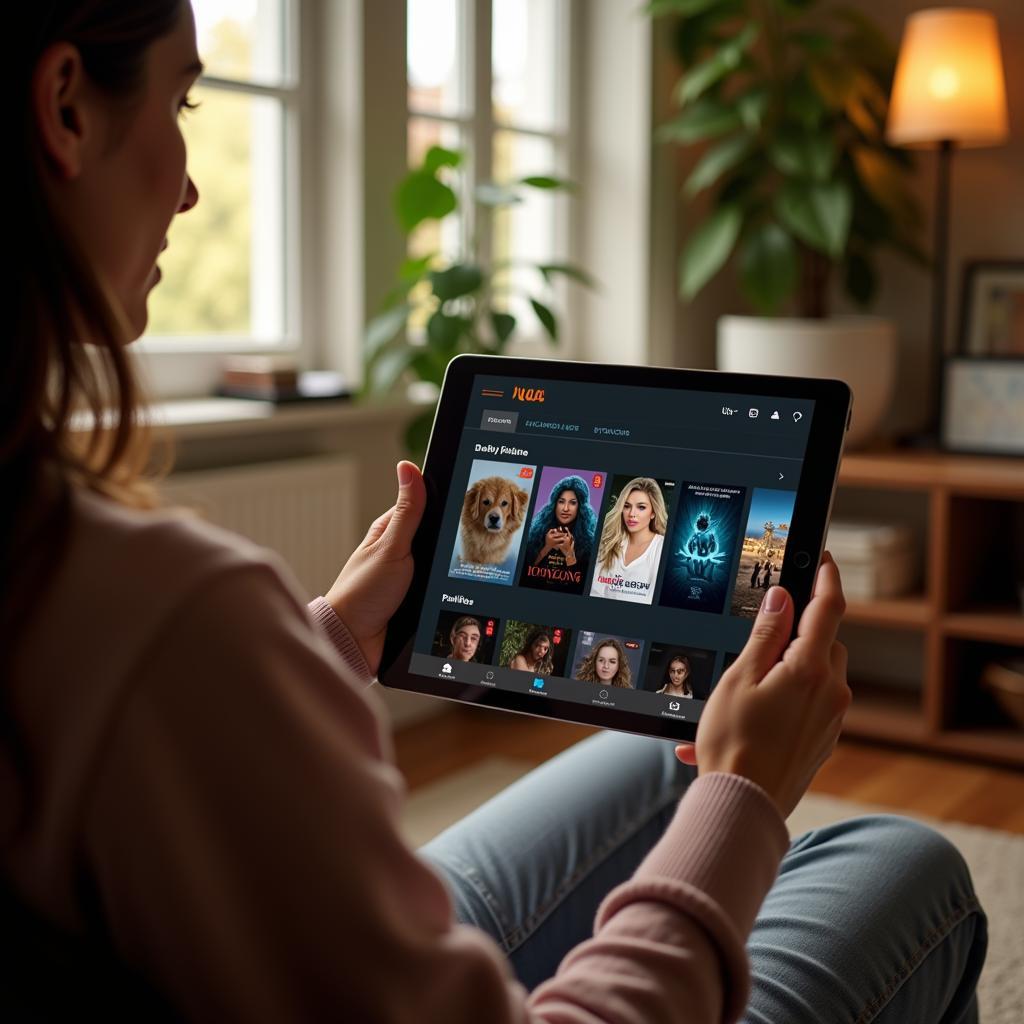 Woman browsing Ullu movies on a tablet