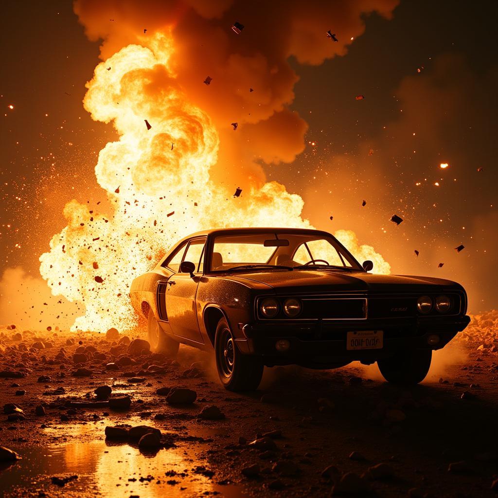 Action movie soundtrack playing during an explosion scene