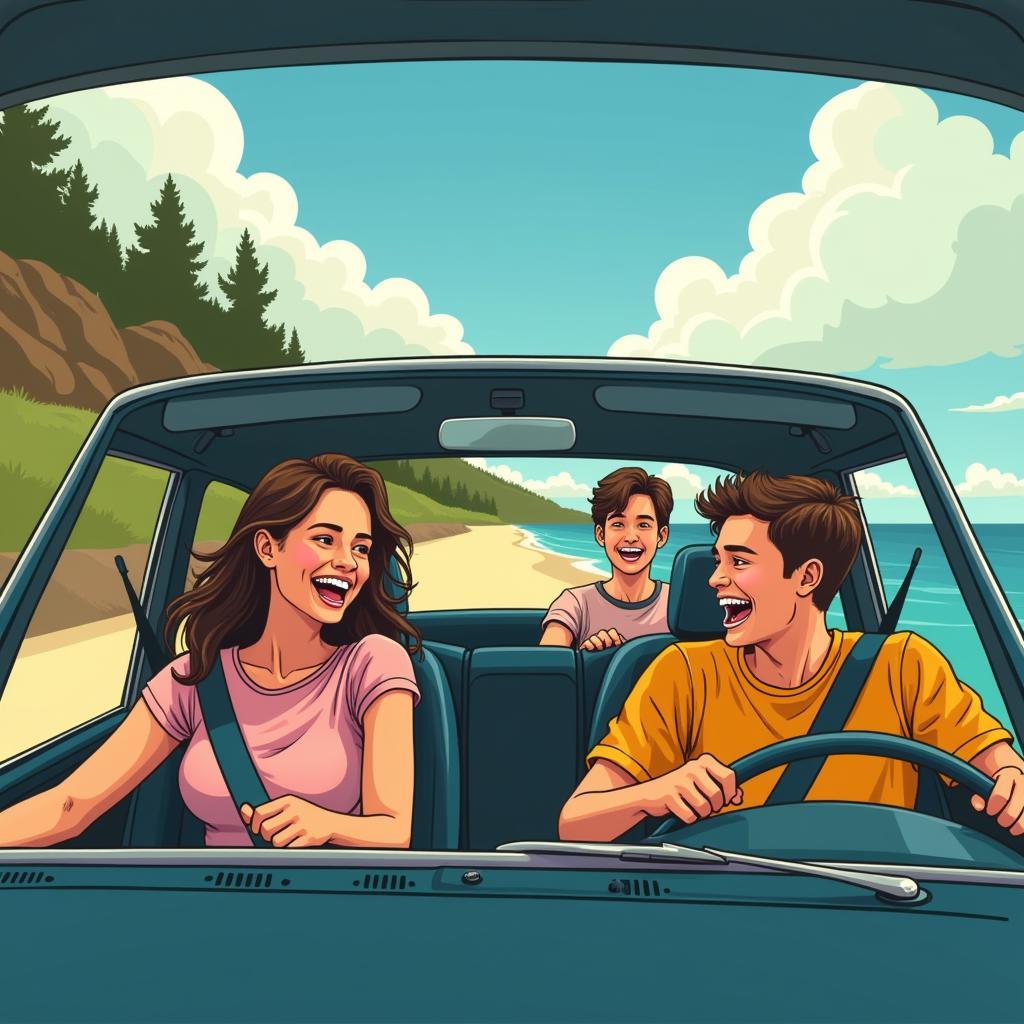 Teenage boys and older woman in a car during a road trip scene from And Your Mother Too