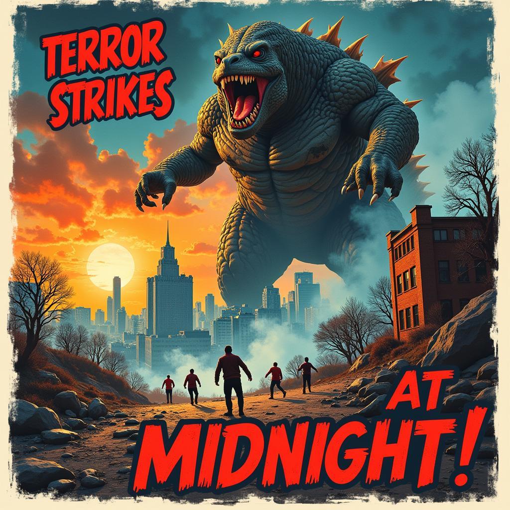 B Grade Movie Poster Depicting a Monster Attacking a City