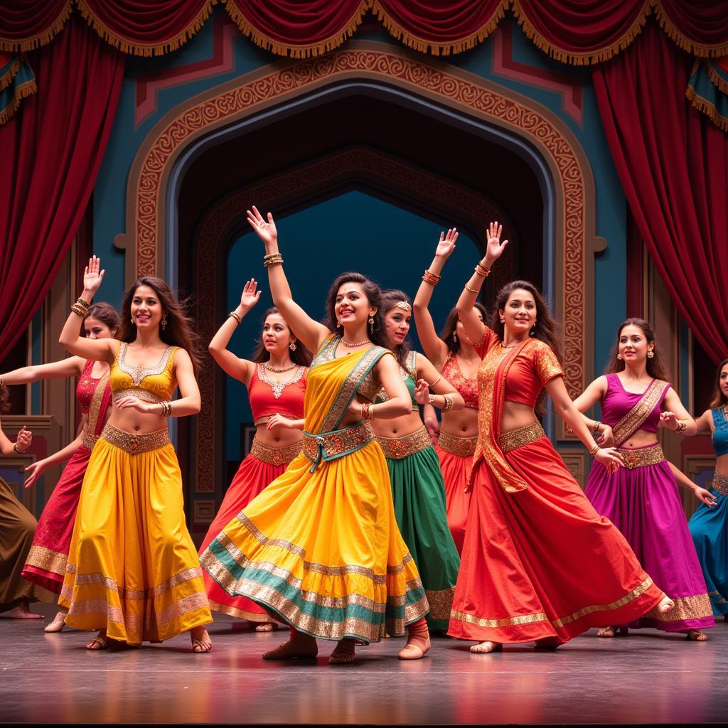 A scene from a Bollywood musical with actors in vibrant costumes performing a choreographed dance sequence.