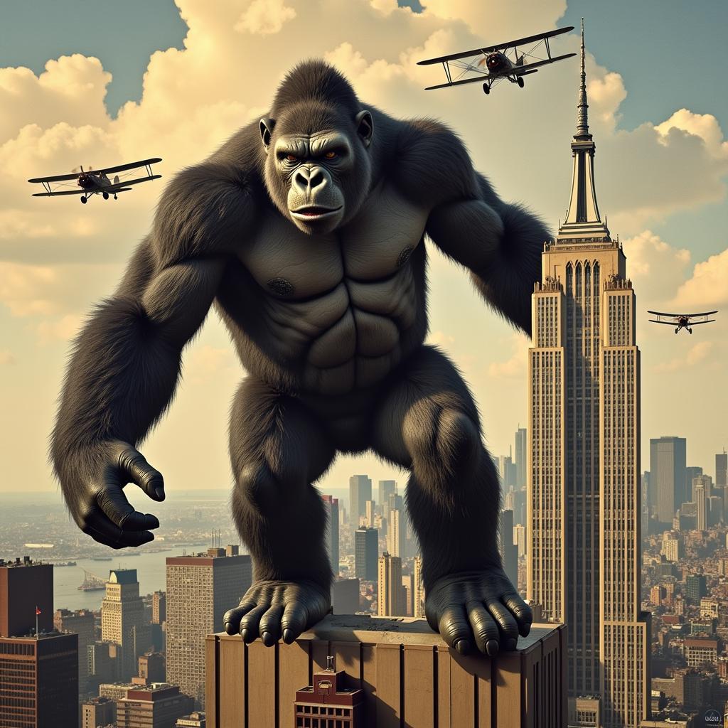 1933 King Kong movie poster depicting Kong atop the Empire State Building, clutching a woman in his hand while airplanes circle him.