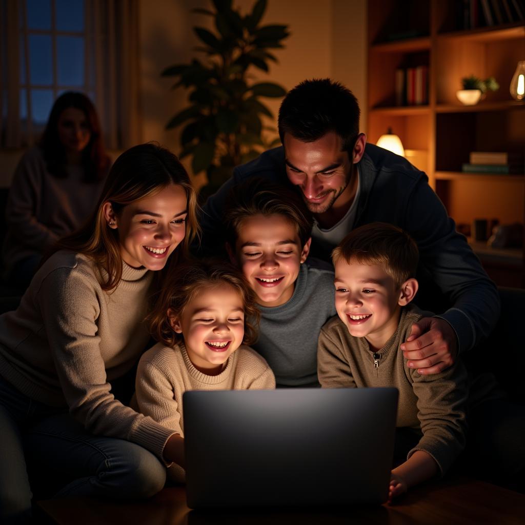 A diverse family enjoys watching a movie together.