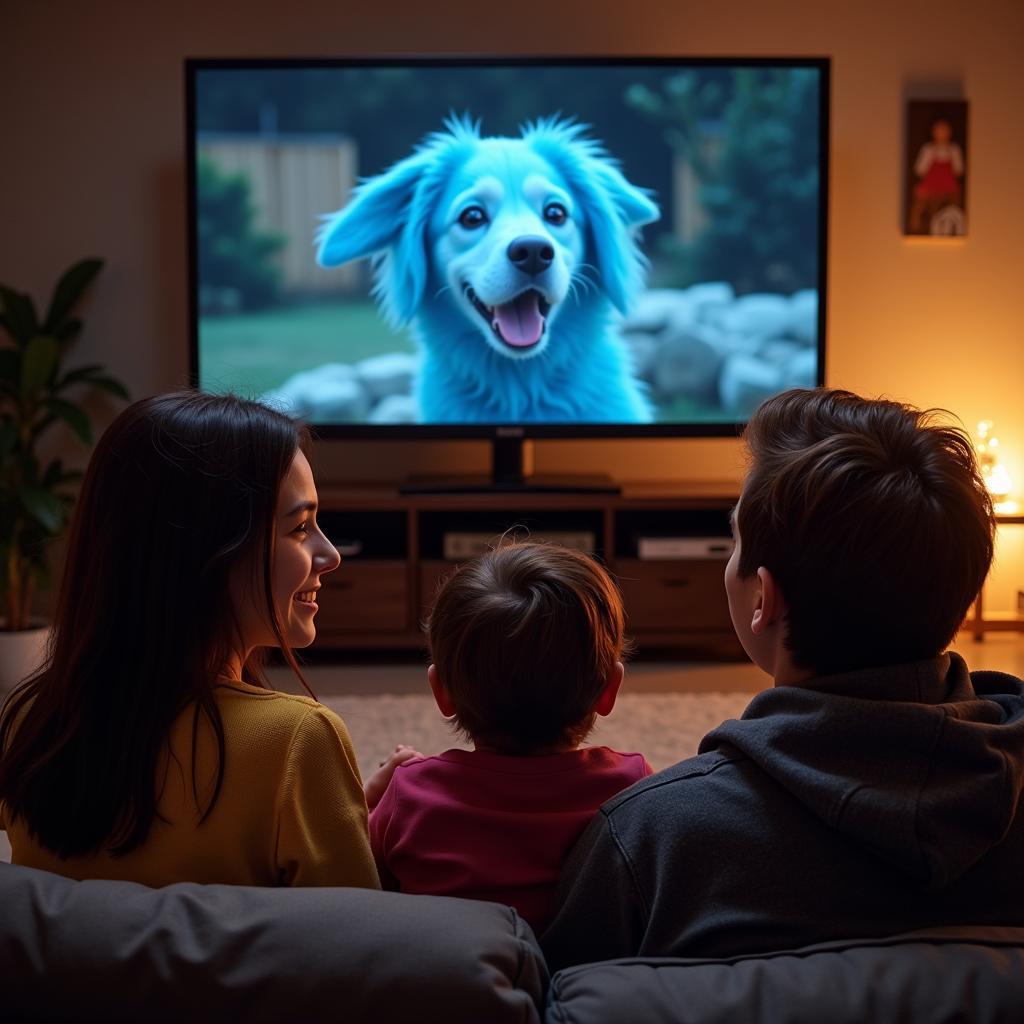 A family watching a dog and girl blue movie together on their couch