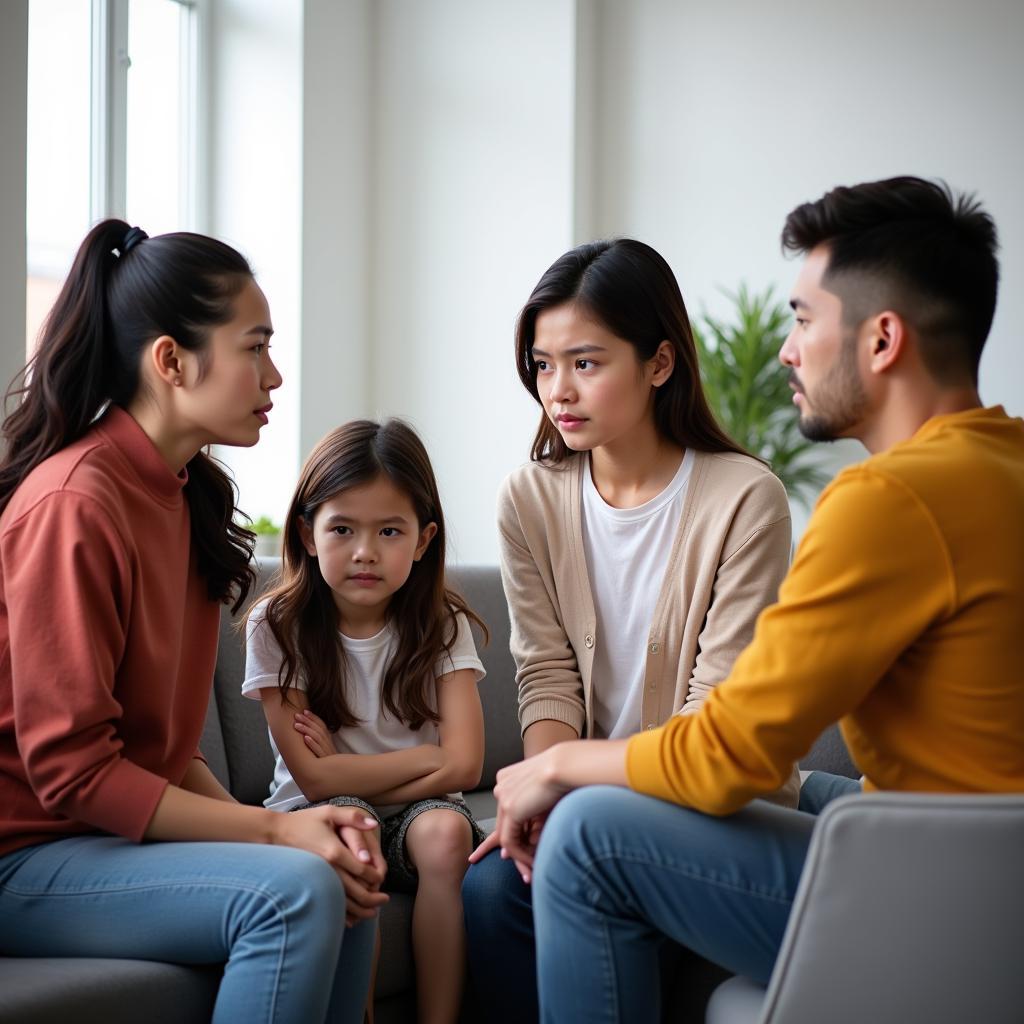 A movie still of a family in a therapy session