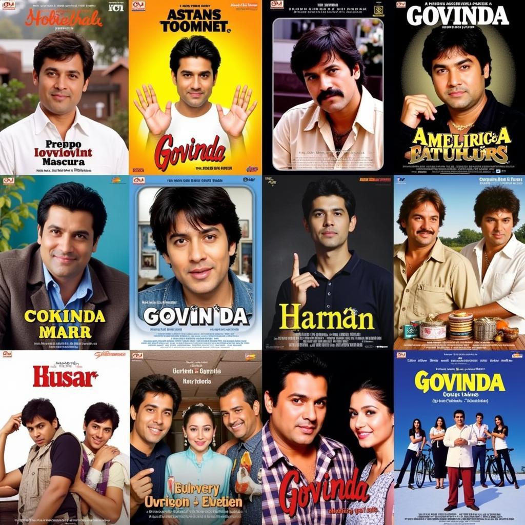 A collage of Govinda movie posters showcasing his diverse filmography