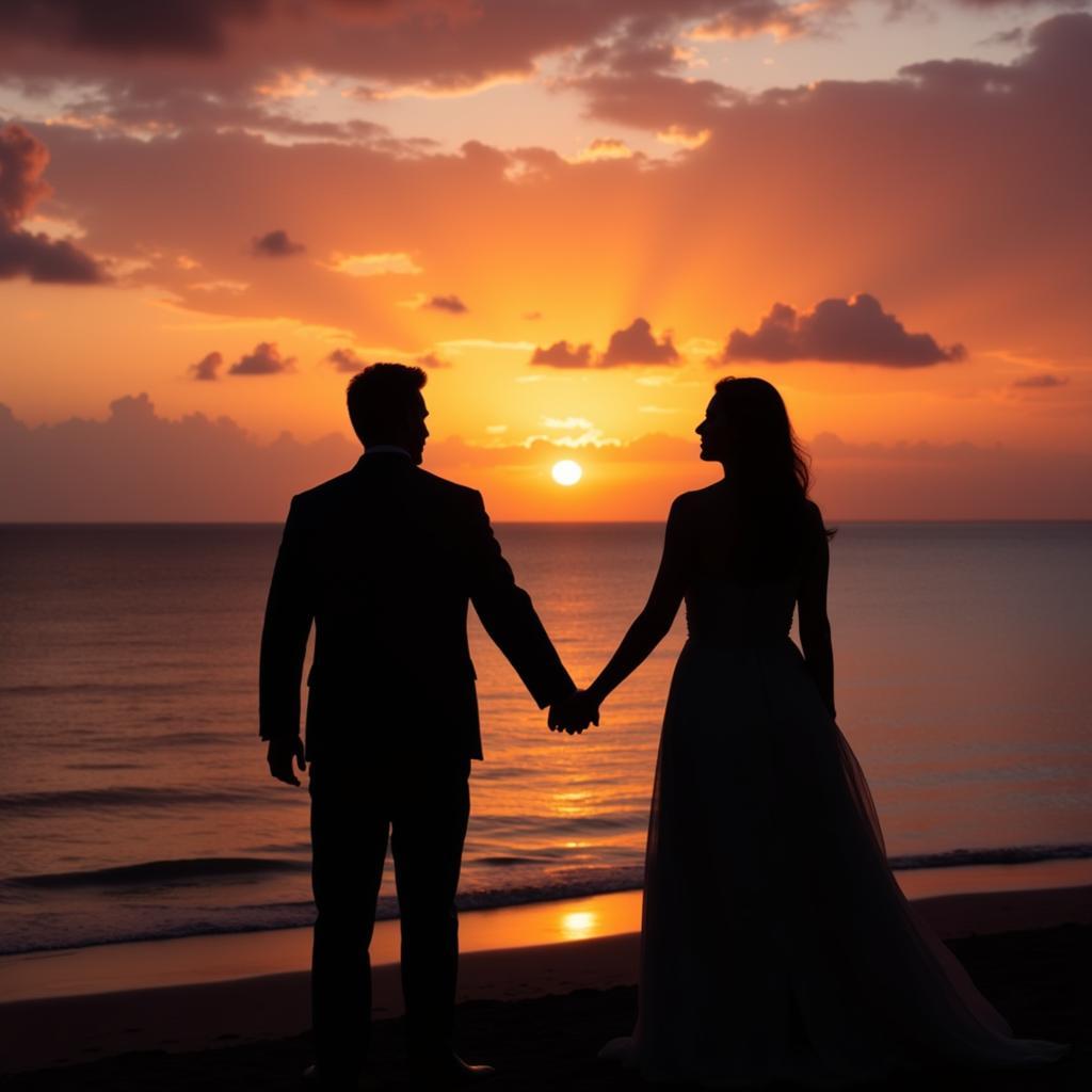 Couple enjoying sunset on a beach during their honeymoon