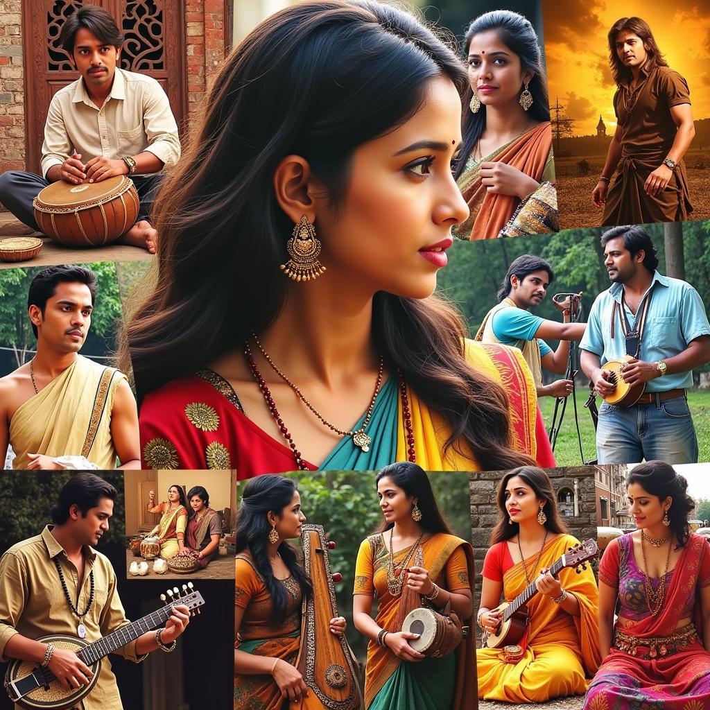 A collage of images depicting various scenes from Kavan interspersed with traditional Tamil musical instruments and vibrant cultural imagery.