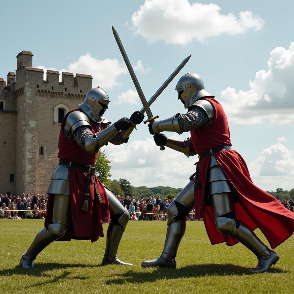 Two knights engaged in a fierce sword fight, demonstrating the code of chivalry in a medieval duel.