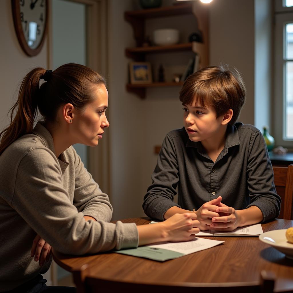 Exploring Complex Family Dynamics in Film: Depiction of a mother and son engaged in a serious discussion, highlighting the importance of open communication within families.