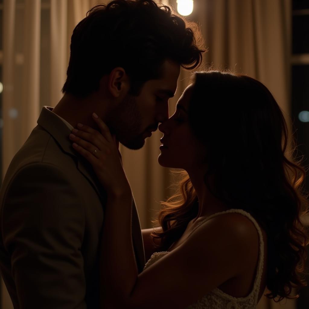 A couple embracing passionately in a dimly lit room