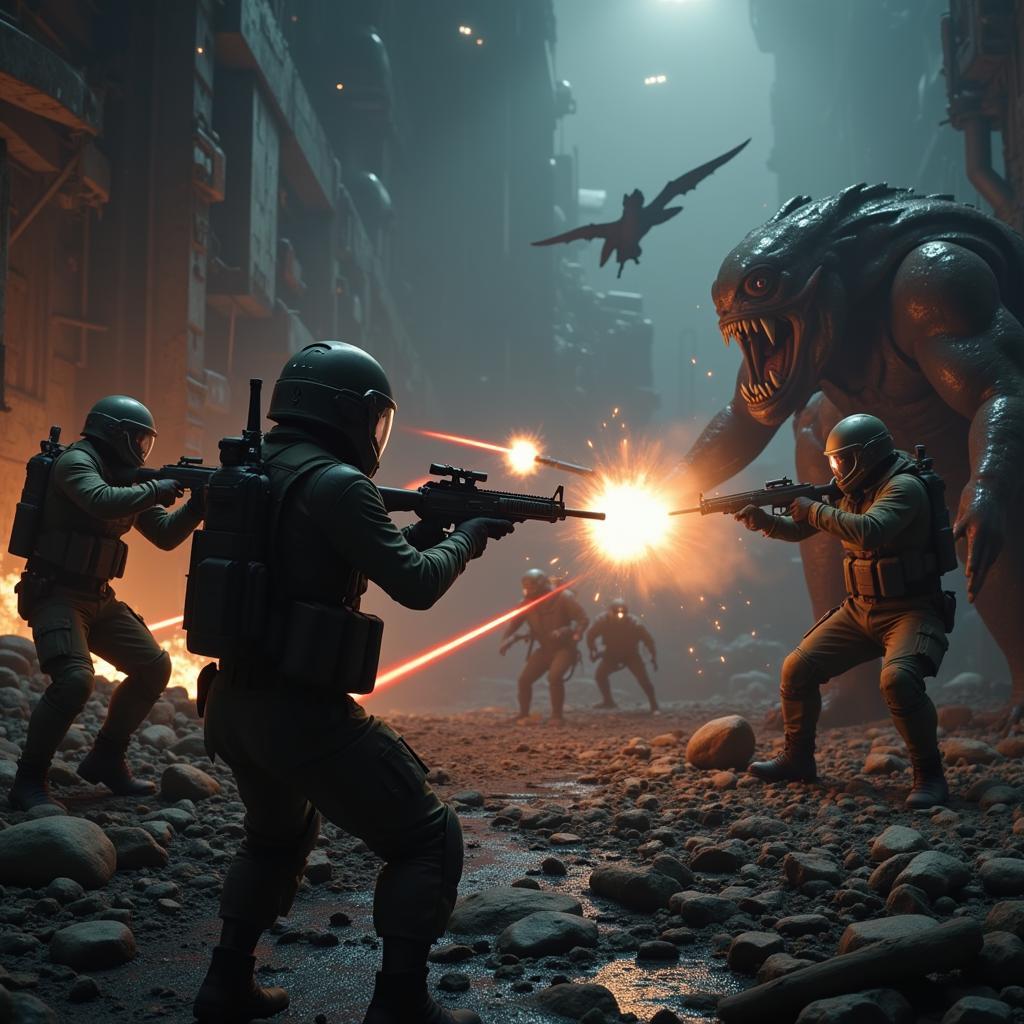 Soldiers battling alien creatures in a sci-fi action movie