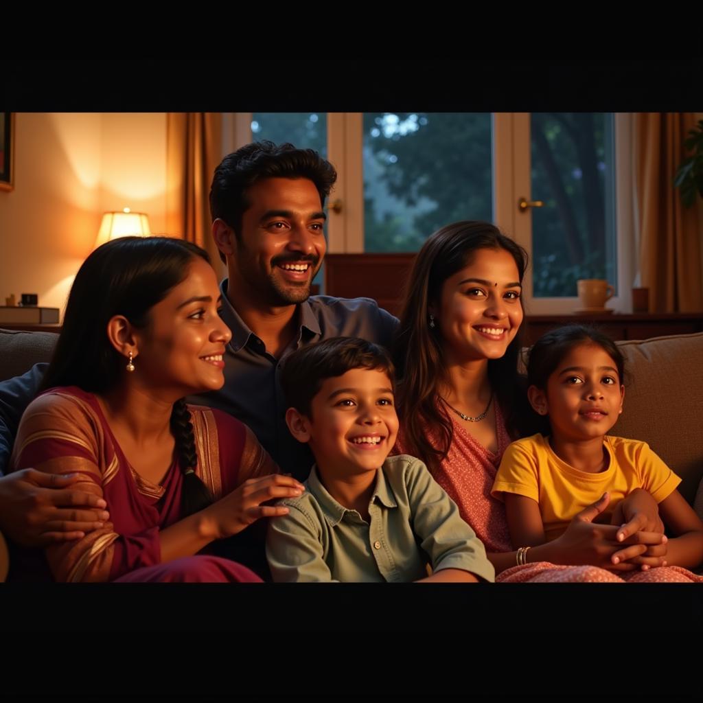 A family gathered around a television, enjoying a Tamil Isaimini movie together, with expressions of joy and engagement.